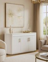 إعلان عن كونتر قهوة / شاي أنيق باللون الأبيض مع مقابض ذهبية